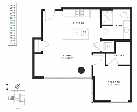 Floor plan for 1 bed, 1 bath, 672 sqft